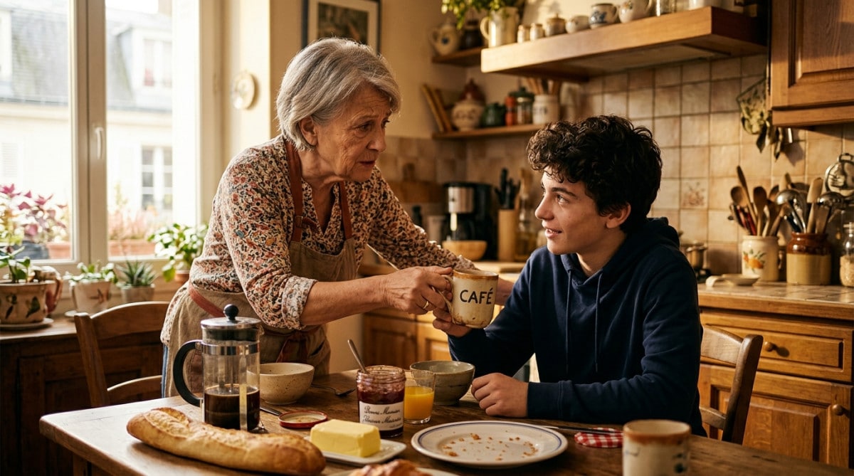 Grand-mère empêchant un adolescent de boire du café