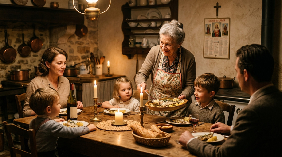 Grand-mère servant du poisson le vendredi soir