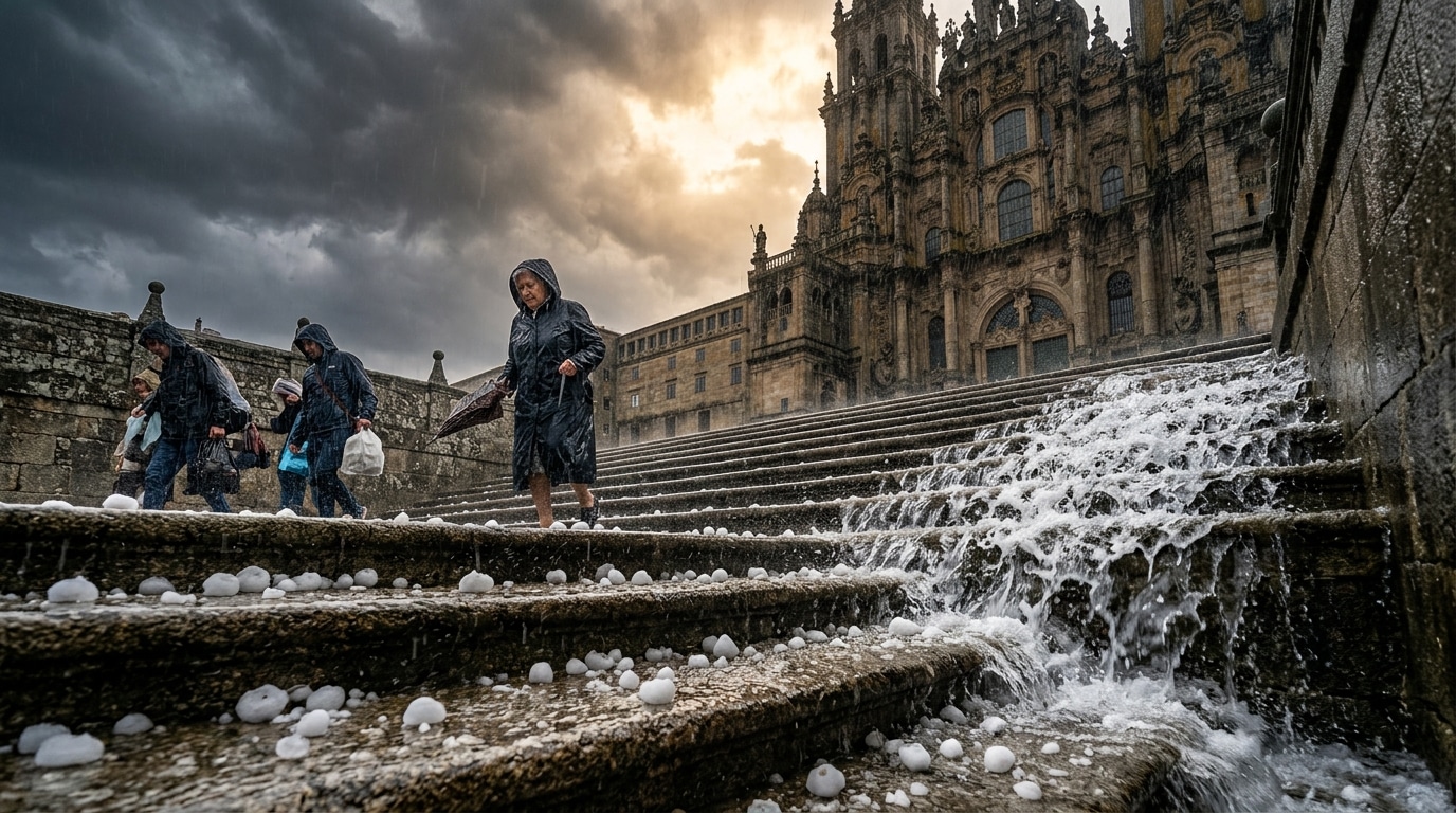 Grêlons géants sur marches de cathédrale inondées