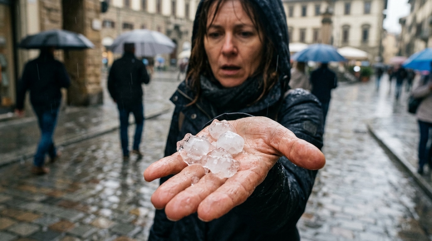 Main tenant des grêlons après un violent orage