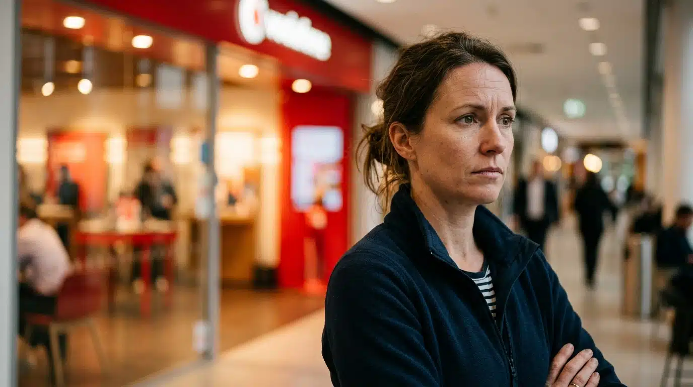 Employé anonyme inquiet devant une boutique télécom
