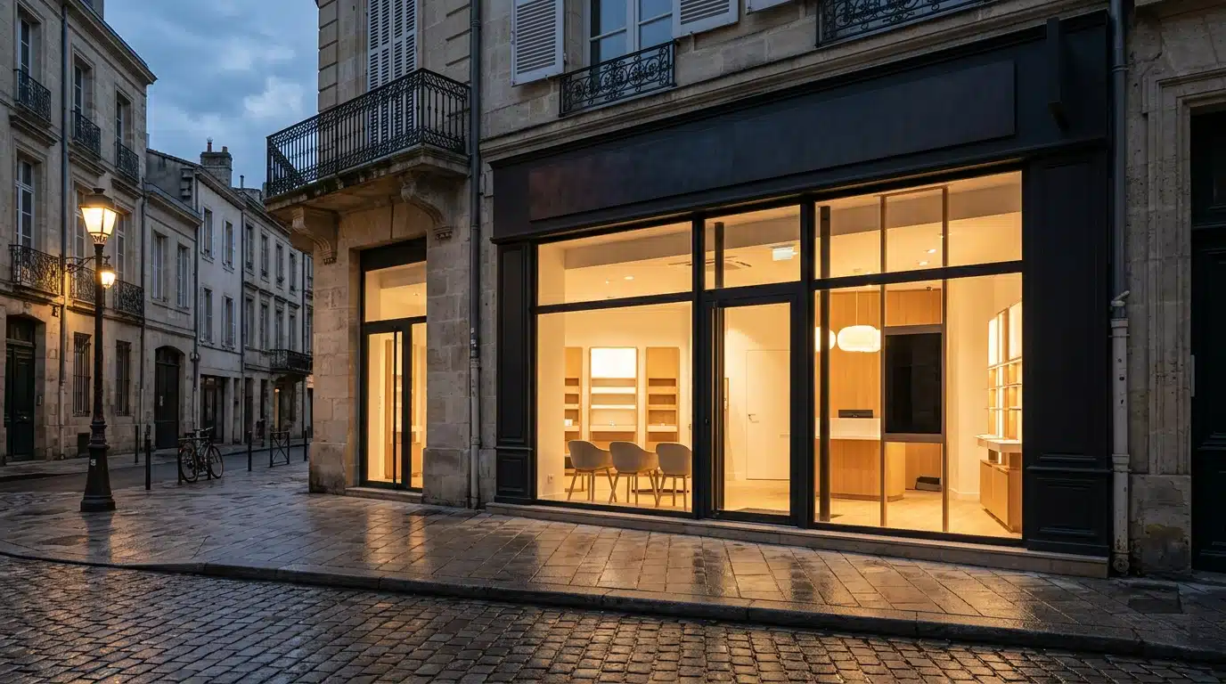 Vitrine de boutique opérateur télécom au crépuscule