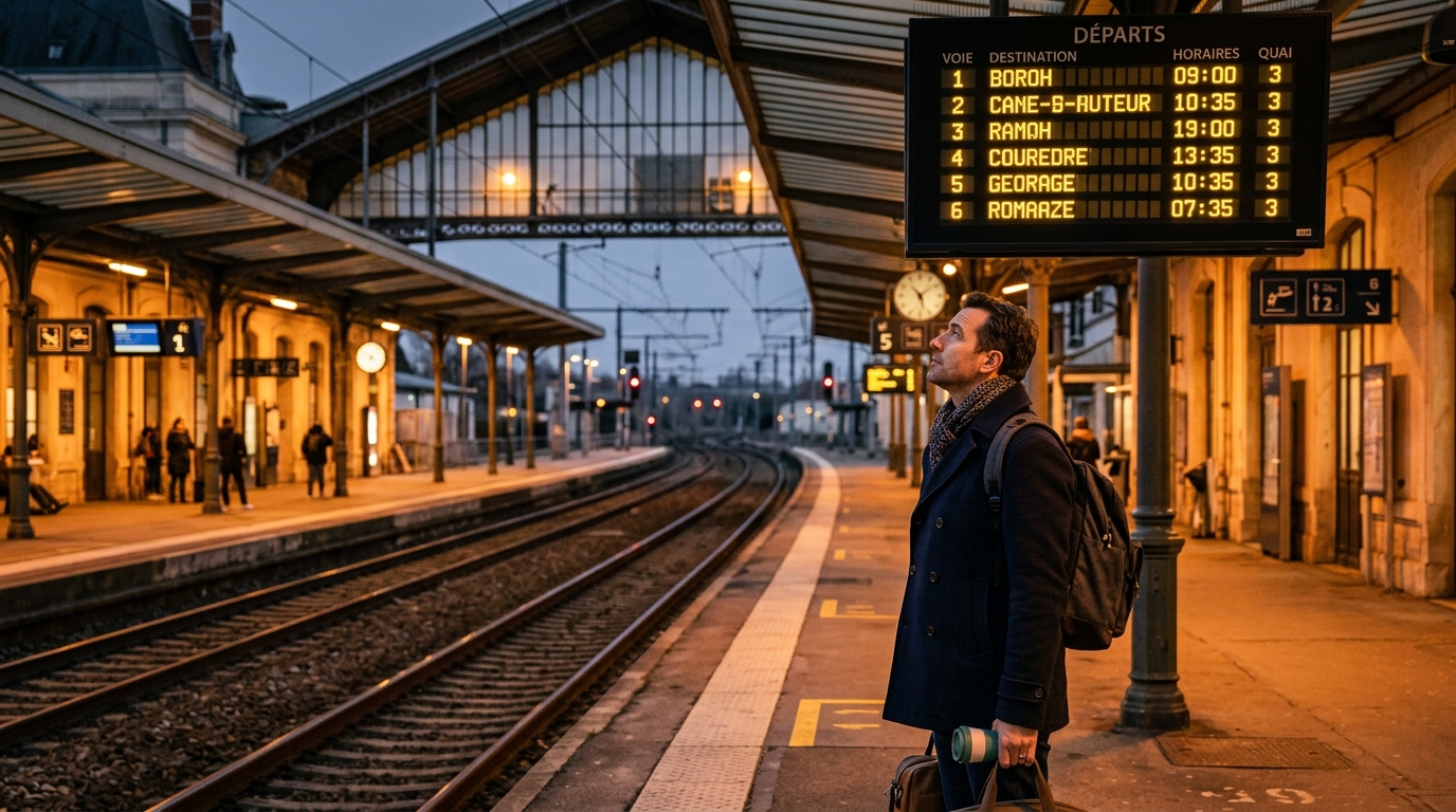 Voyageur consulte les horaires de train perturbés