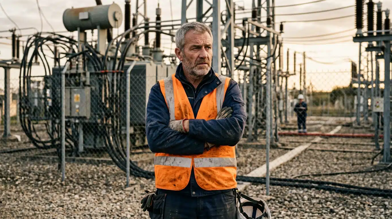 Agent EDF en gilet devant un poste électrique