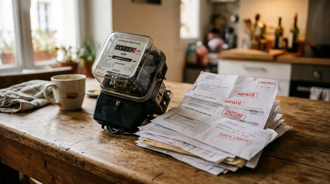 Compteur électrique et factures d'énergie sur une table