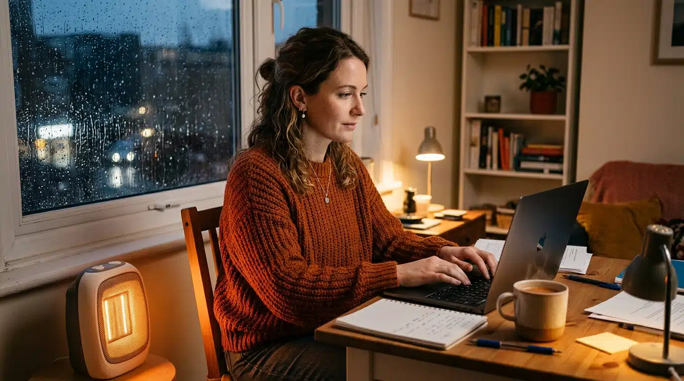 Femme en télétravail près d'un radiateur d'appoint sous la pluie