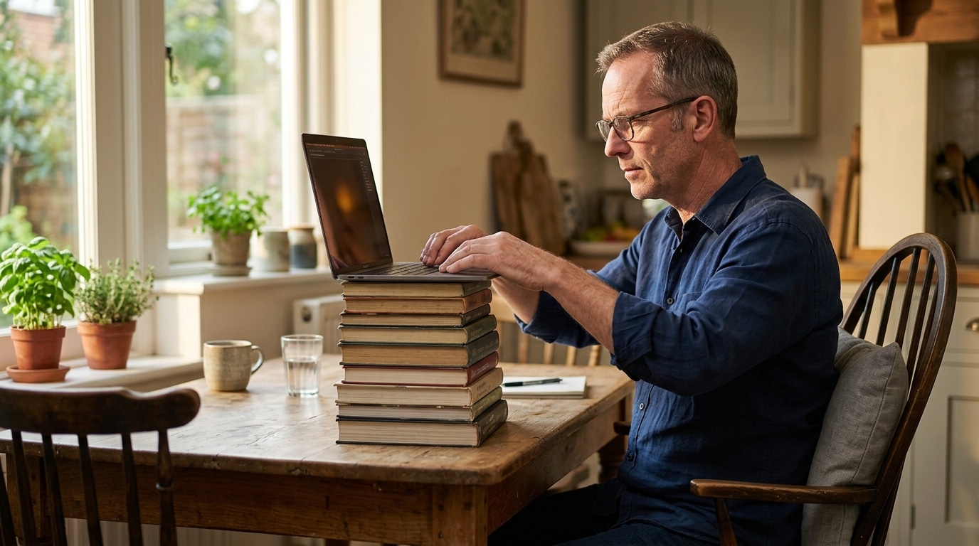 Homme ajustant l'ergonomie de son bureau avec des livres