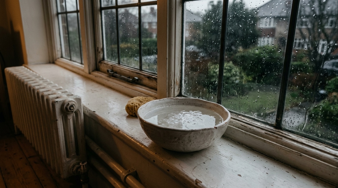 Bol d'eau salée sur un rebord de fenêtre près d'un radiateur