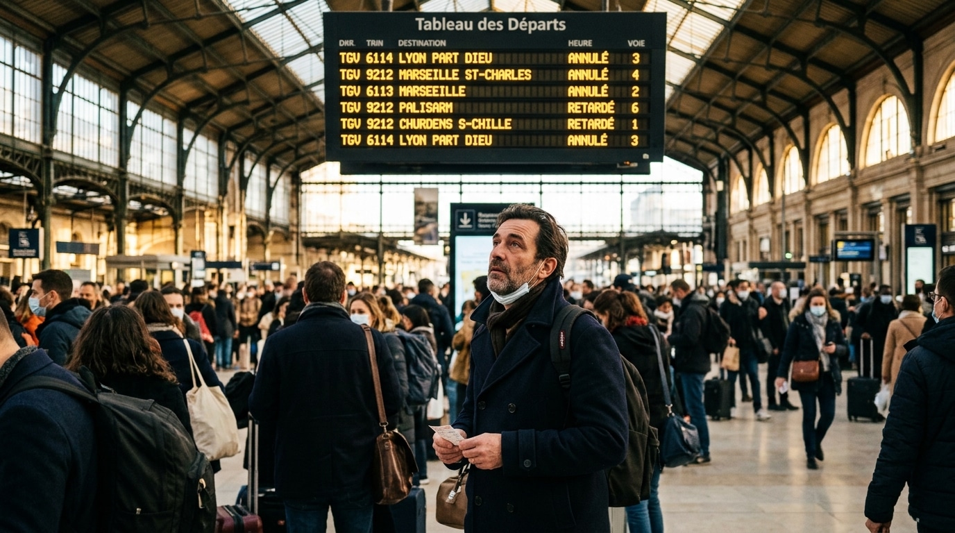 Voyageur face au panneau de trains supprimés en gare