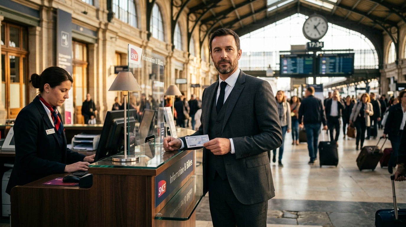 Homme avec son billet de train au guichet d'une gare