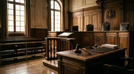 Banc vide d'une salle d'audience de tribunal français