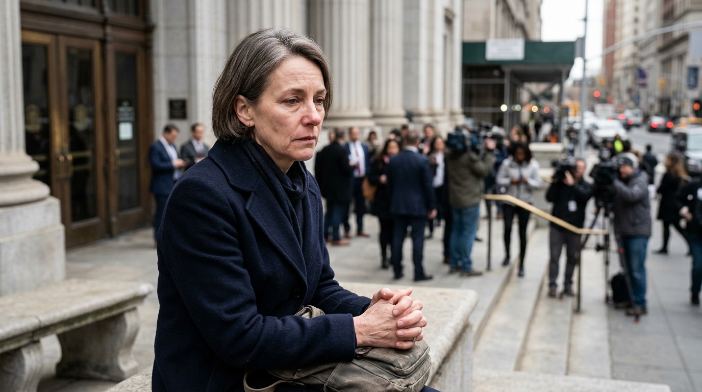Femme assise devant un tribunal, visage grave et déterminé