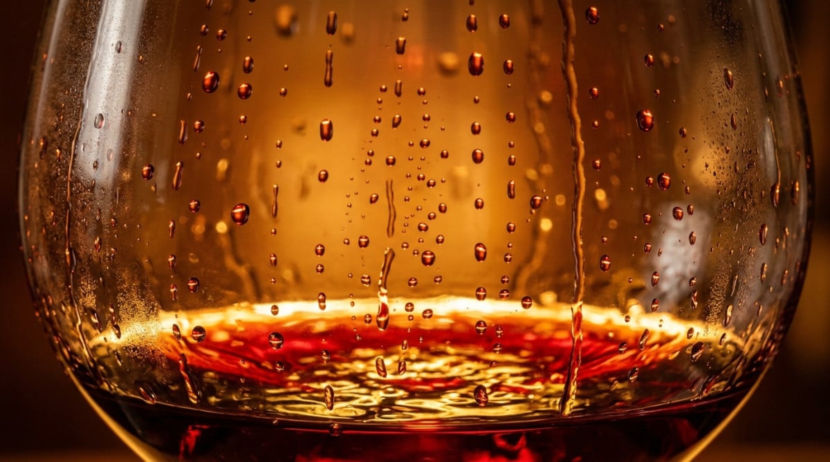 Gros plan sur les larmes de vin glissant sur le verre