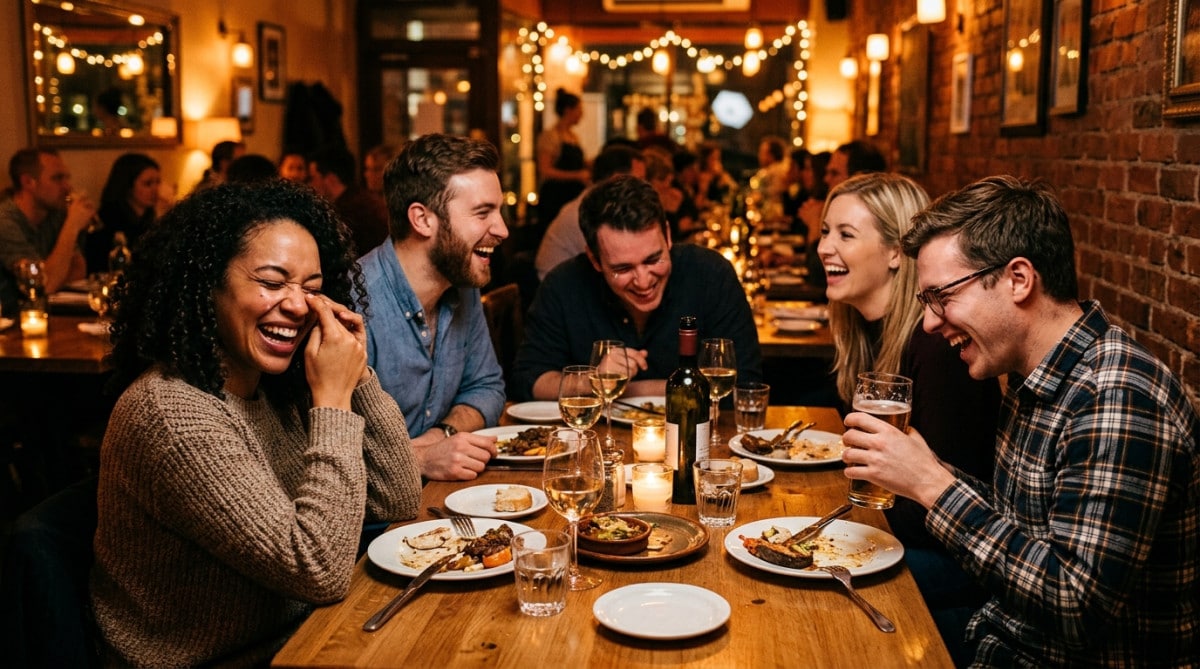 Groupe d'amis pris dans un fou rire contagieux