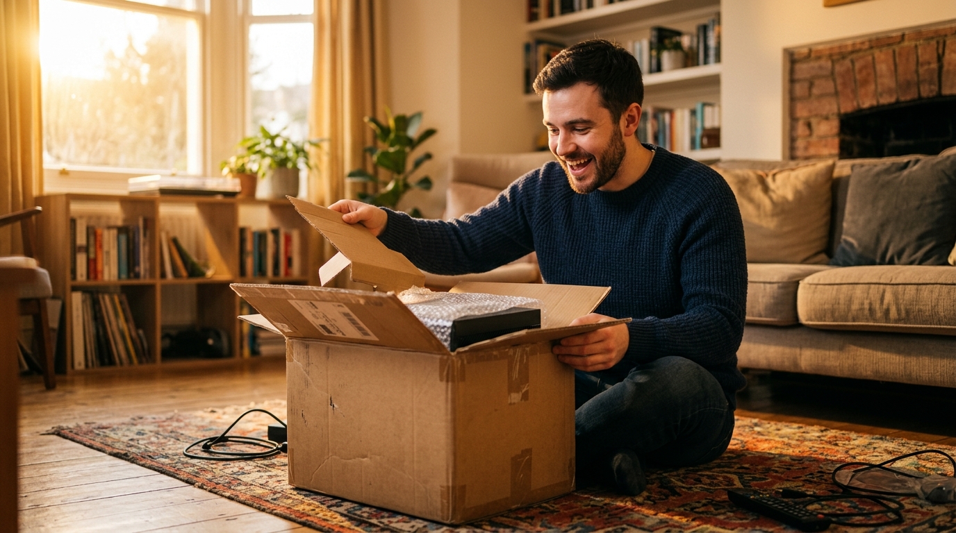Homme déballant une console reconditionnée à la maison