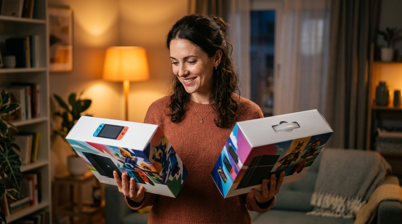 Femme comparant deux bundles de console de jeu