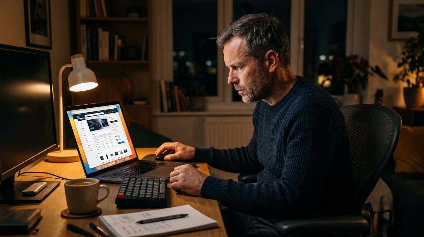 Homme vérifiant un site officiel avant précommande