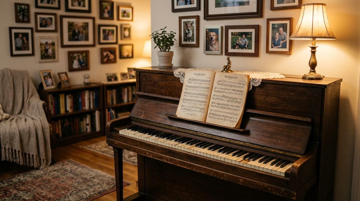Vieux piano familial dans un salon chaleureux