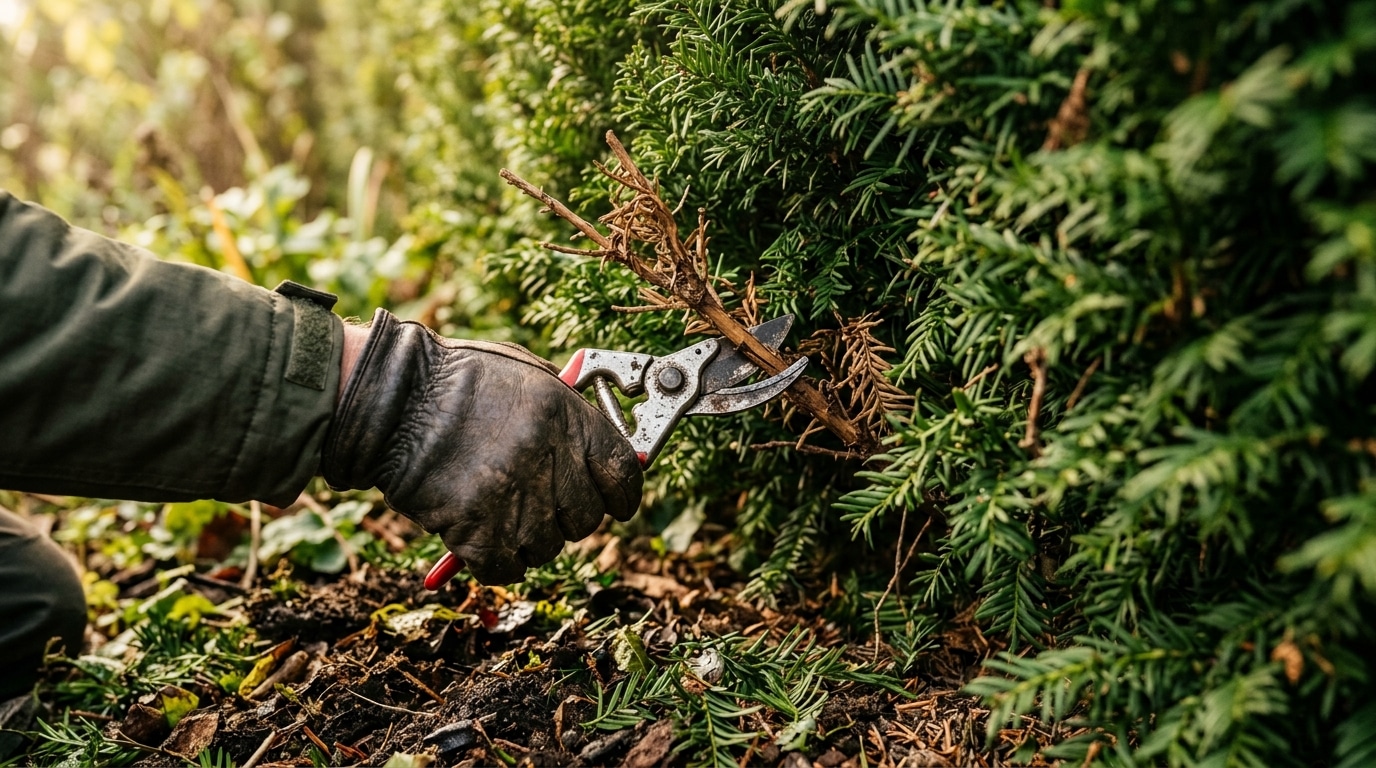 Sécateur coupant une branche brune de thuya