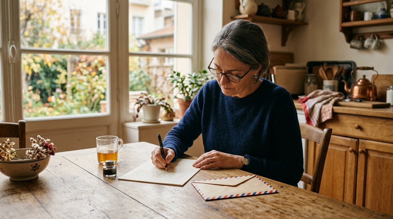 Femme rédige un courrier recommandé pour un litige de voisinage
