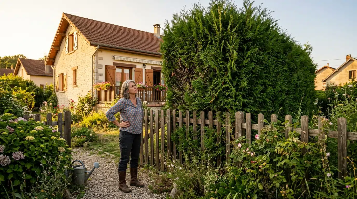 Voisine mécontente devant une haie de thuyas trop haute