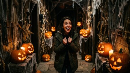 Femme dans une maison hantée éclairée à la bougie pour Halloween