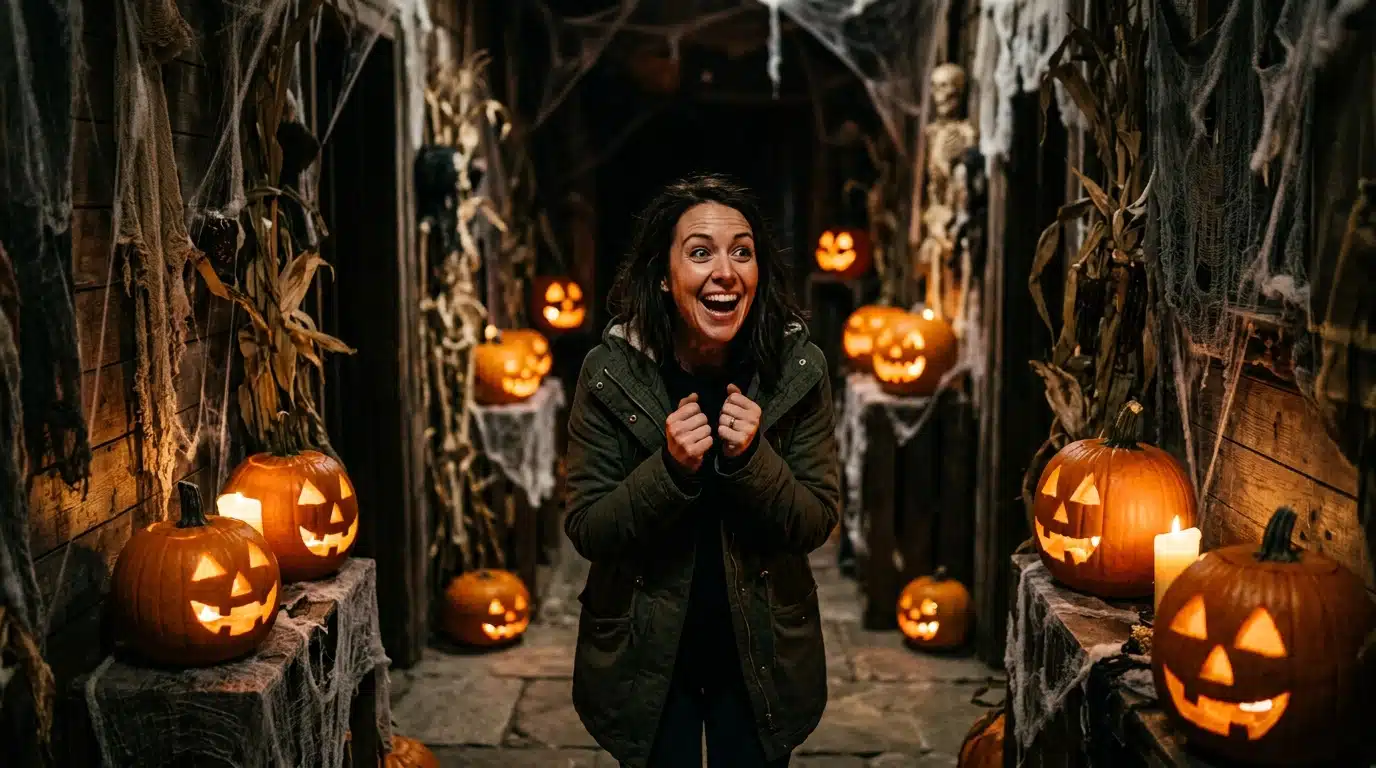 Femme dans une maison hantée éclairée à la bougie pour Halloween