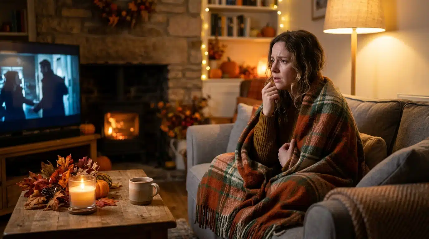 Femme anxieuse regardant un film d'horreur sous un plaid