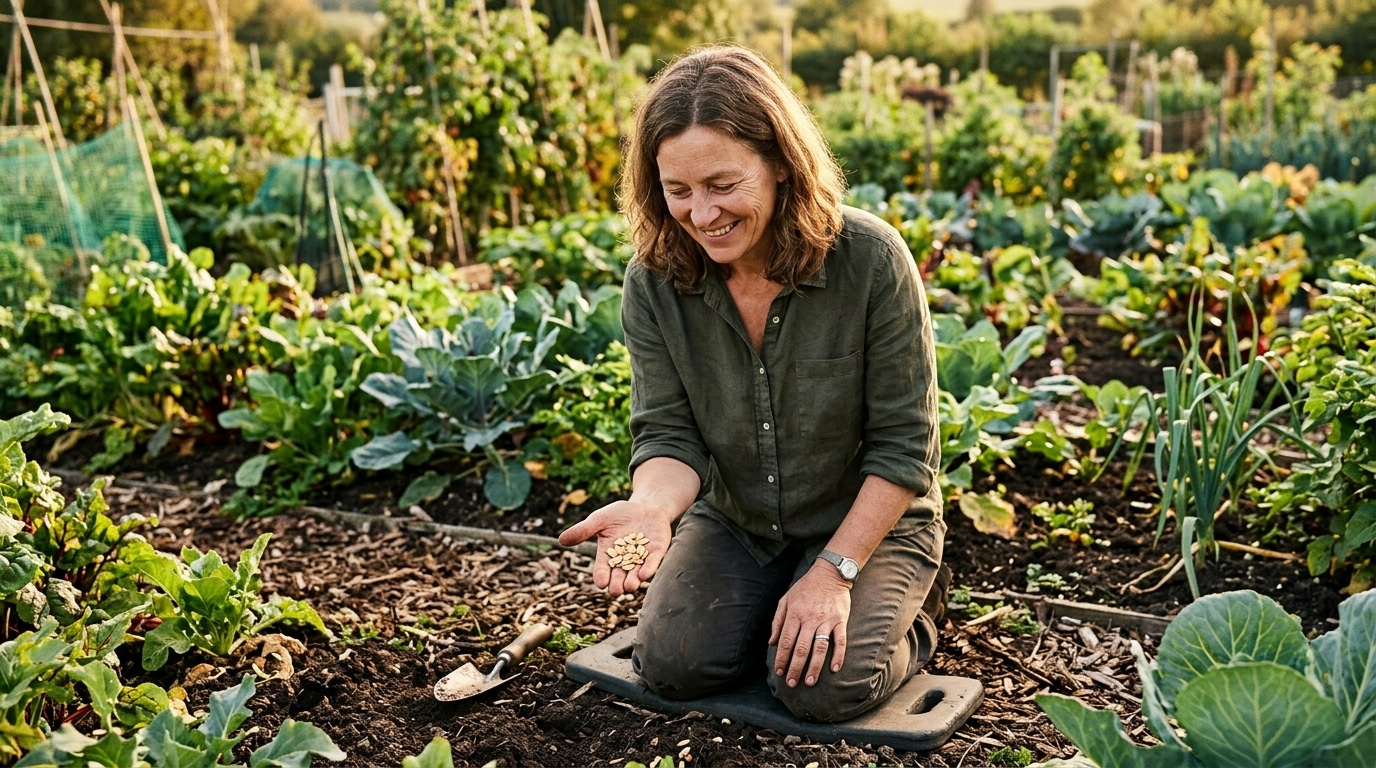 Femme déçue tenant des graines de citrouille au jardin
