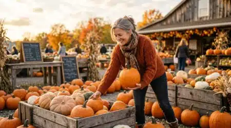 Femme choisissant une citrouille résistante sur un étal