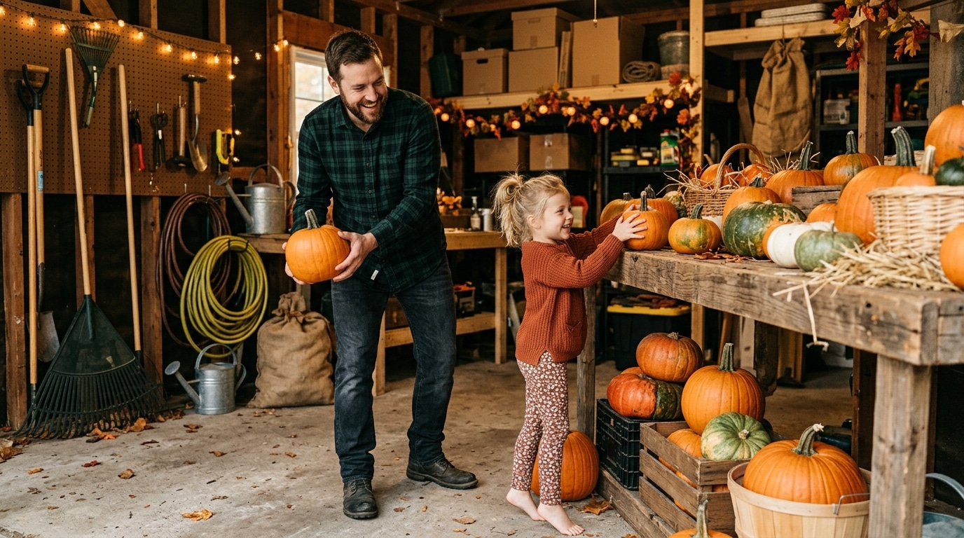 Famille rangeant des citrouilles entières sur planche en bois