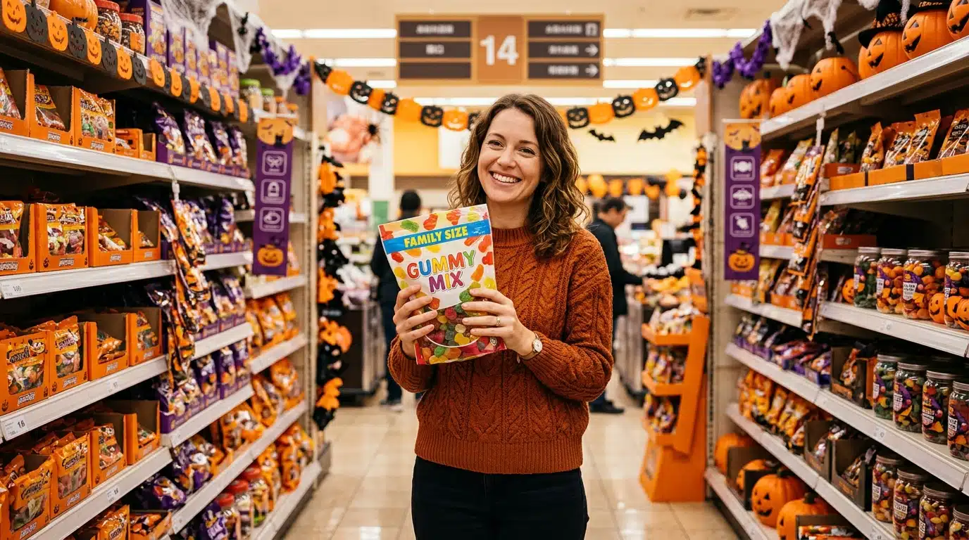 Femme choisissant des bonbons Halloween en supermarché