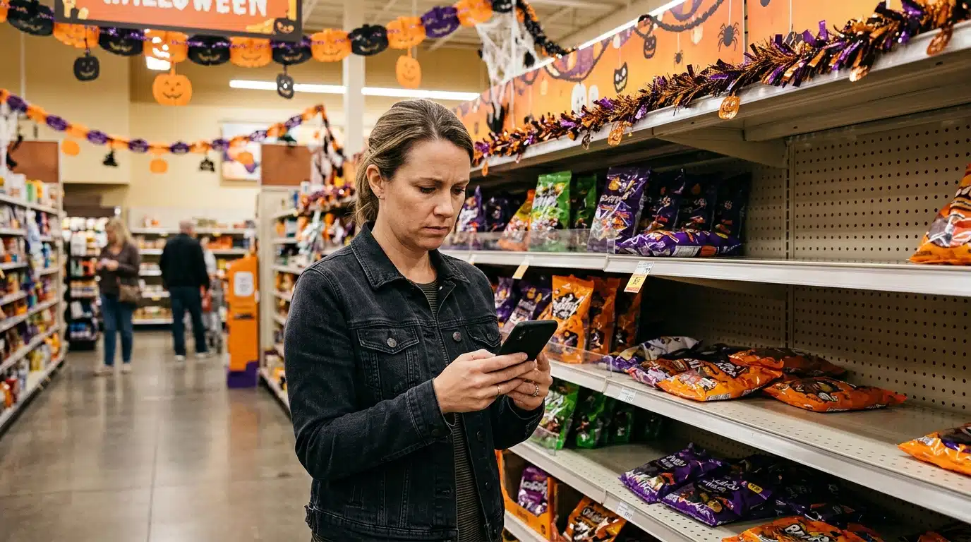 Rayon de bonbons Halloween presque vide en magasin