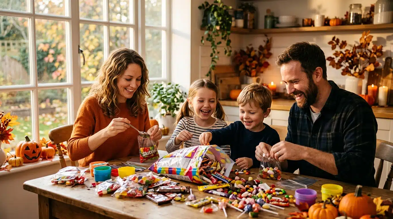 Famille préparant des sachets de bonbons pour Halloween