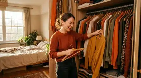 Femme souriante cherchant un déguisement dans son armoire