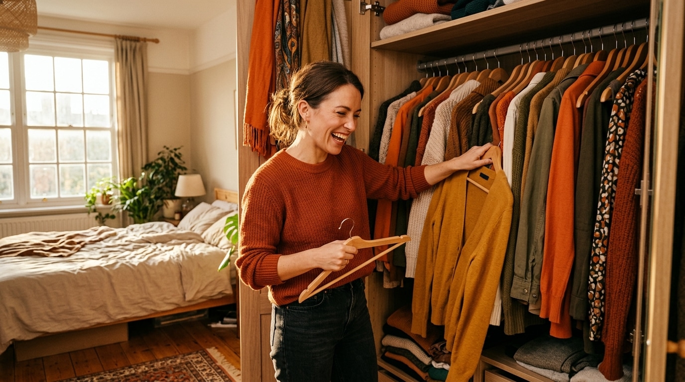 Femme souriante cherchant un déguisement dans son armoire