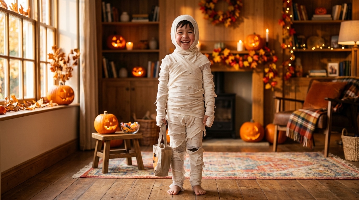 Enfant déguisé en momie avec des bandelettes blanches
