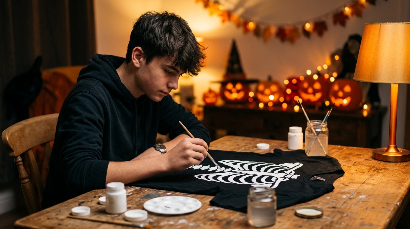 Adolescent peignant un squelette sur un t-shirt noir