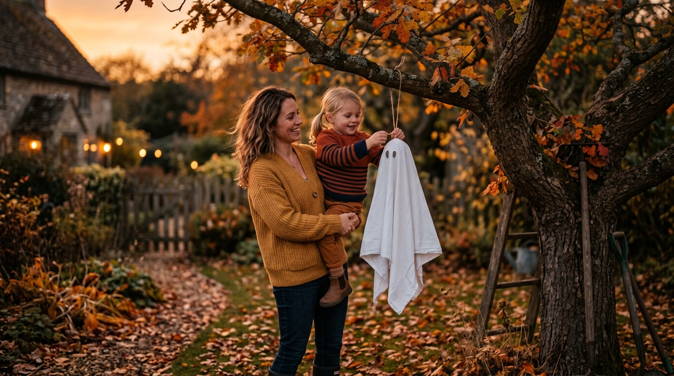 Famille accroche un fantôme en drap sur une branche