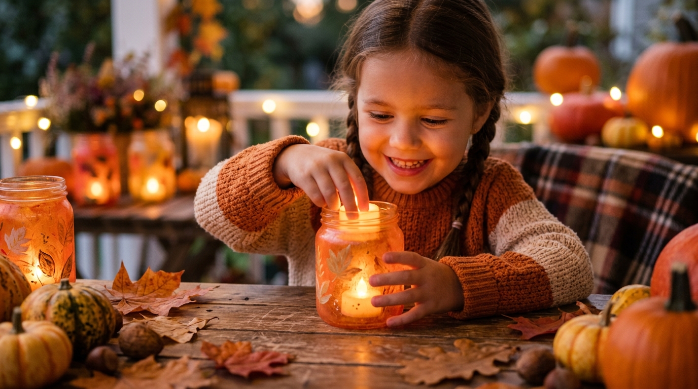 Enfant place une bougie LED dans un bocal recyclé