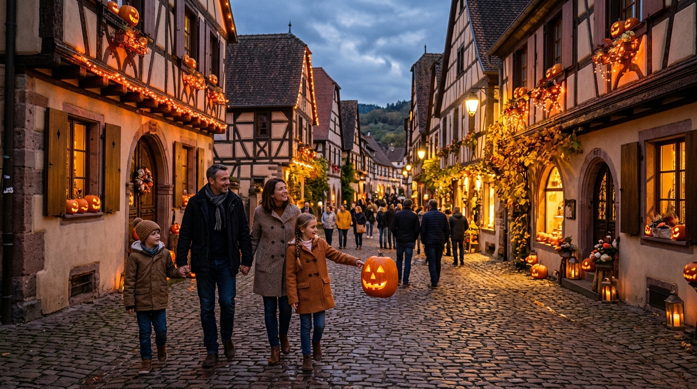 Village aveyronnais décoré de citrouilles pour Halloween