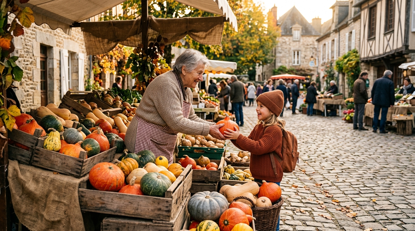 Marché aux courges dans un village médiéval en automne