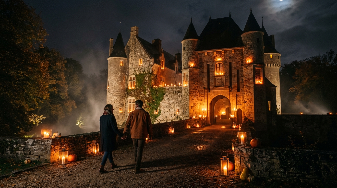 Visite nocturne d'un château illuminé pour Halloween