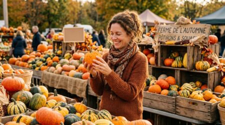 Femme choisissant une petite citrouille sur un marché d'automne