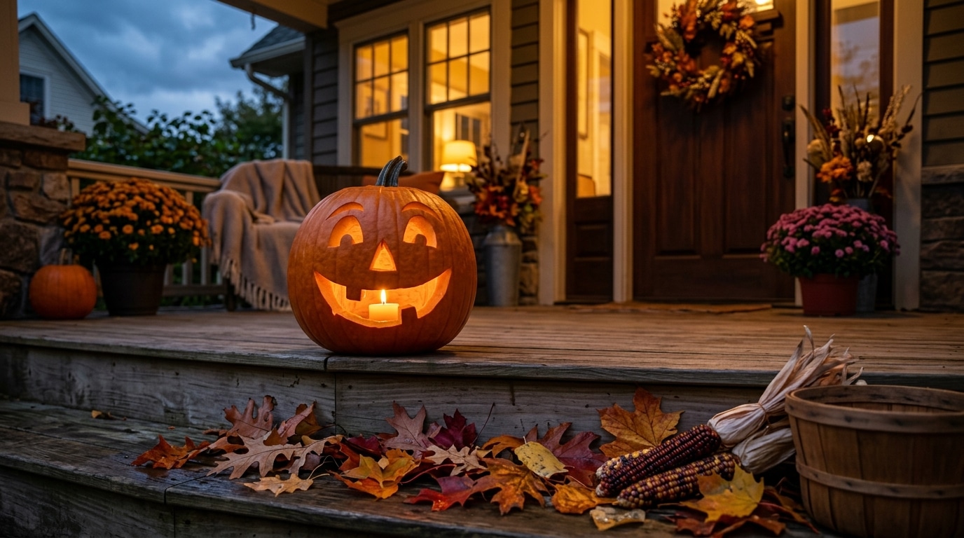 Lanterne d'Halloween sculptée illuminée sur un perron