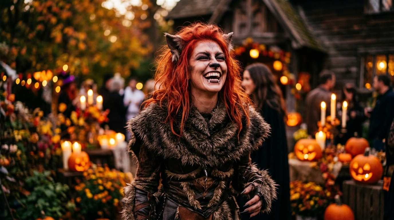 Femme déguisée en loup-garou pour Halloween ambiance dorée