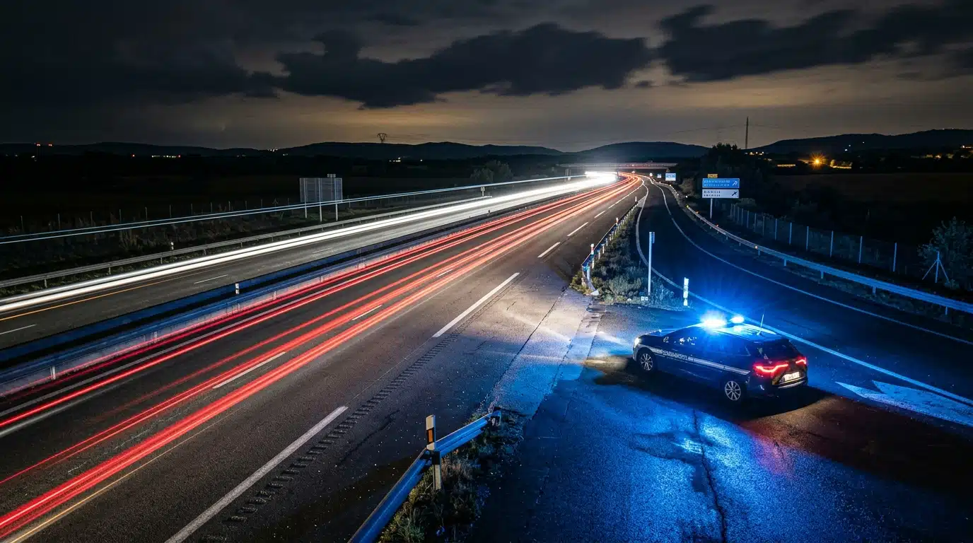 Autoroute de nuit avec traînées lumineuses de vitesse