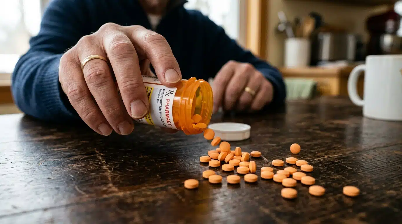 Main tenant un flacon de médicaments renversé sur une table