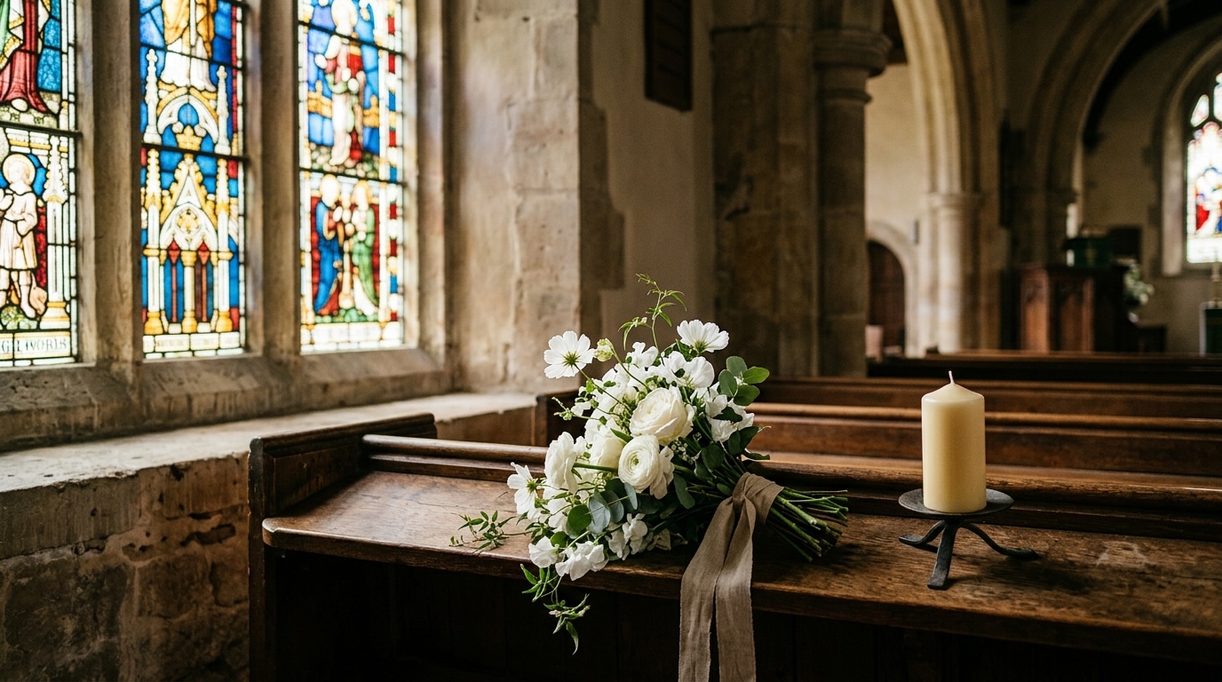 Fleurs blanches et bougie sur un banc d'église