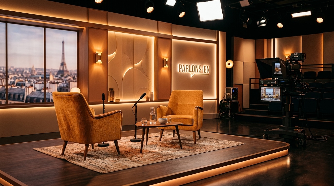 Studio de télévision vide évoquant un plateau d'interview intimiste